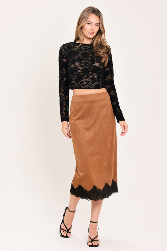 Black lace crop top with a classic round neckline and delicate lace texture.