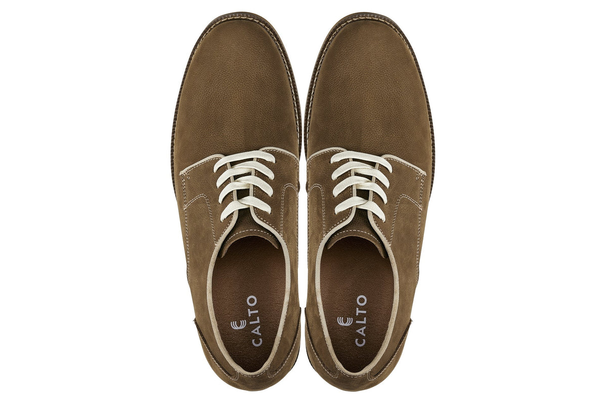 CALTO J1312 khaki brown plain-toe derby, further detail view