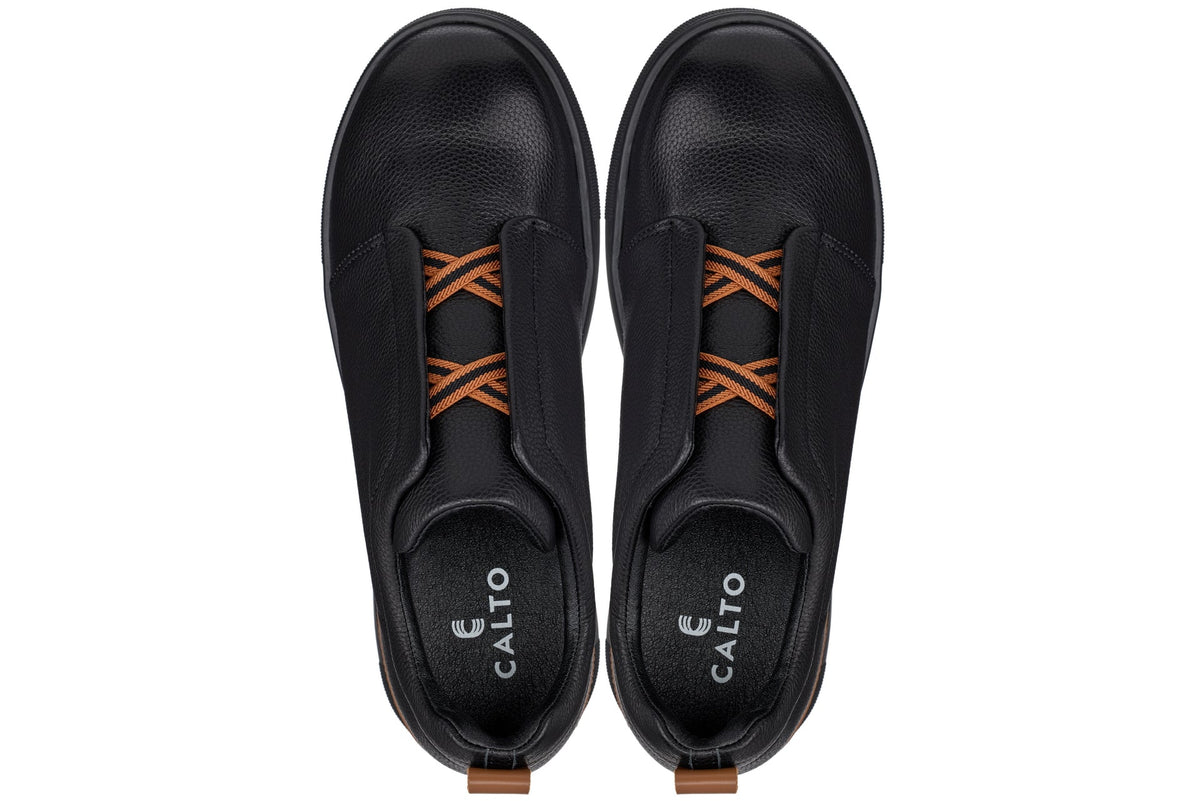 CALTO J1931 leather snoafer in black with black sole, styled photo