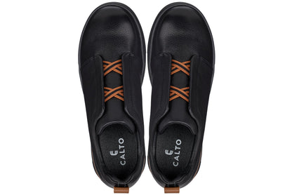 CALTO J1931 leather snoafer in black with black sole, styled photo