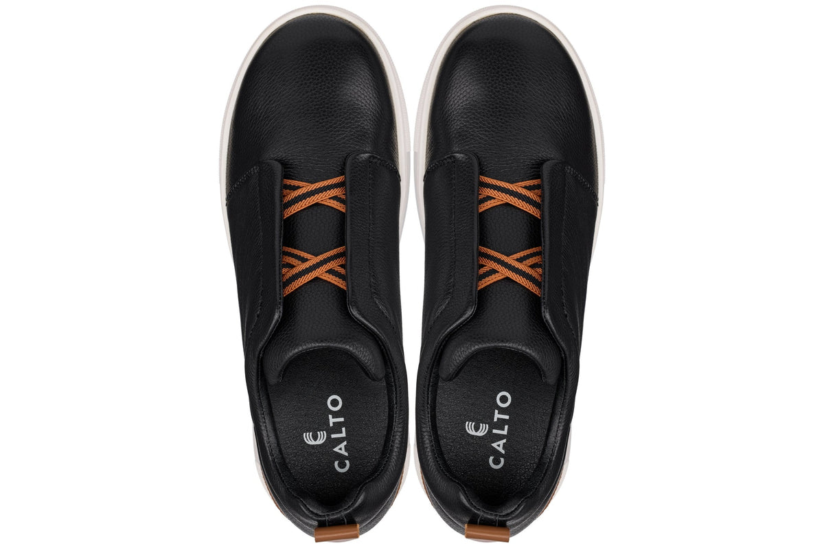 CALTO J1932 leather snoafer in black with white sole, styled photo