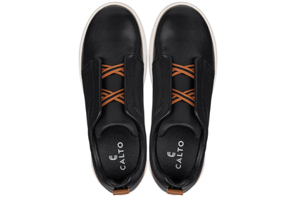 CALTO J1932 leather snoafer in black with white sole, styled photo