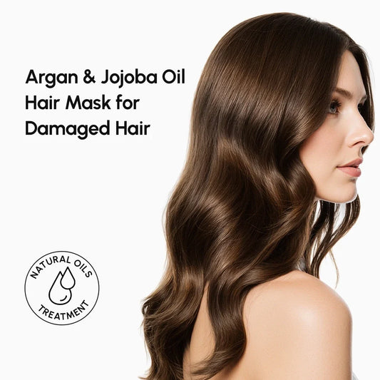 Woman with long, healthy hair featuring Argan & Jojoba Oil Hair Mask for Damaged Hair on a white background.
