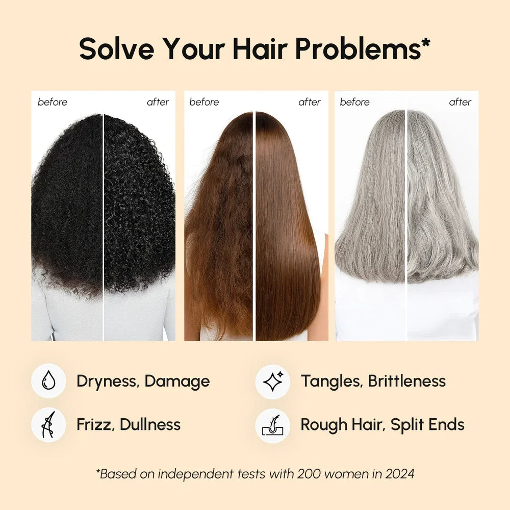 Before and after hair comparison with text on a beige background