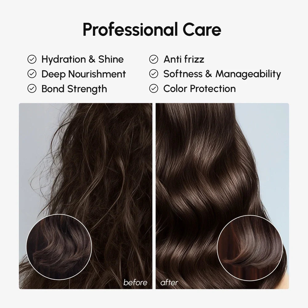 Before and after comparison of hair care product effects with text on professional care benefits.