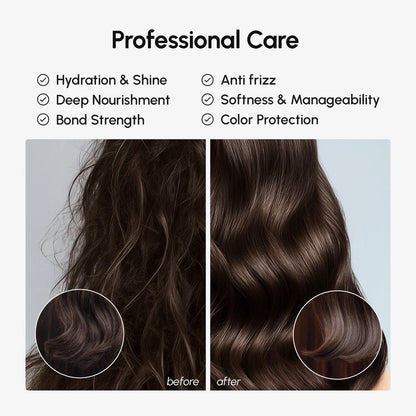 Before and after comparison of hair care product effects with text on professional care benefits.