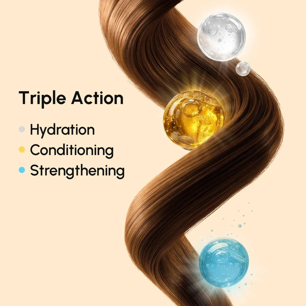 Hair with three action elements labeled as hydration, conditioning, and strengthening on a beige background.