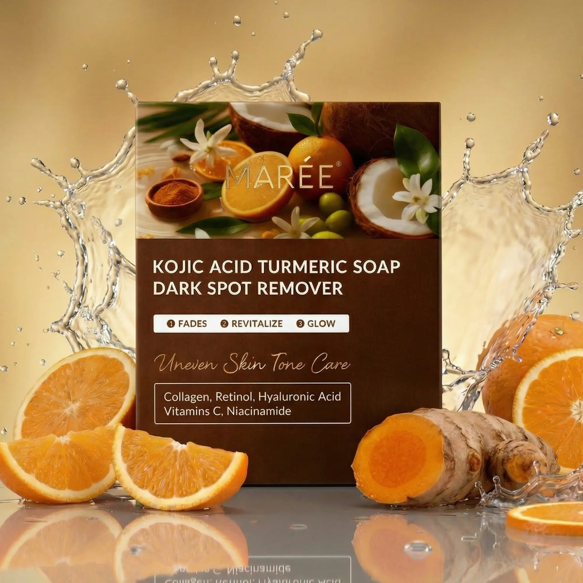 A boxed skincare product labeled 'Kojic Acid Turmeric Soap Dark Spot Remover' by MARÉE, shown on a reflective surface with orange slices, turmeric root, coconut imagery, and water splash effects against a warm beige background.