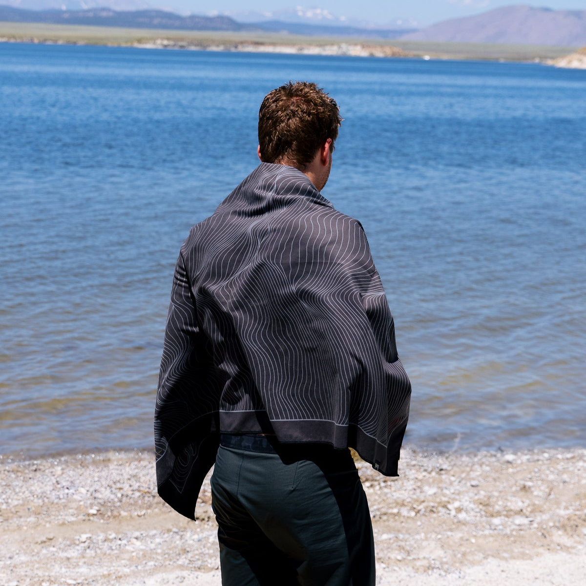 Laek Terrain Towel in Topo Black, shown as a hiking towel