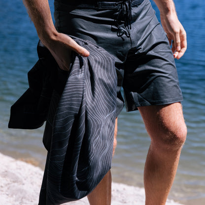 Laek Terrain Towel in Topo Black, microfiber suede surface detail