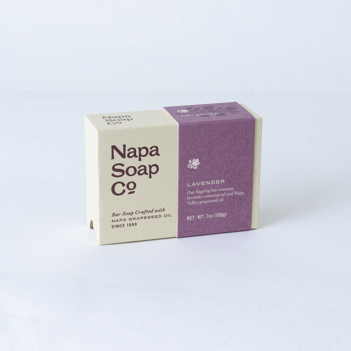 Napa Soap Co lavender soap bar with packaging on a white background