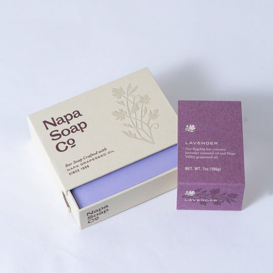 Napa Soap Co lavender soap bar with packaging on a light gray background