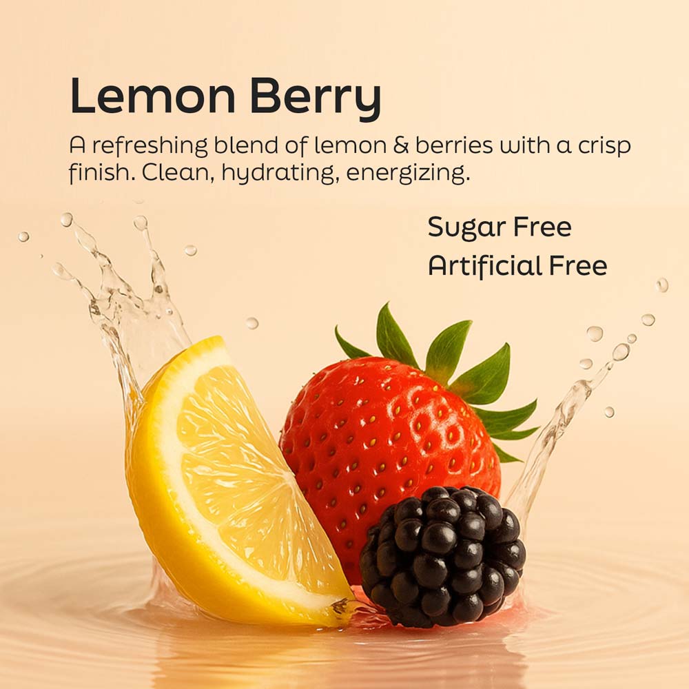 Lemon, strawberry, and blackberry with water droplets on a beige background, labeled 'Lemon Berry'.