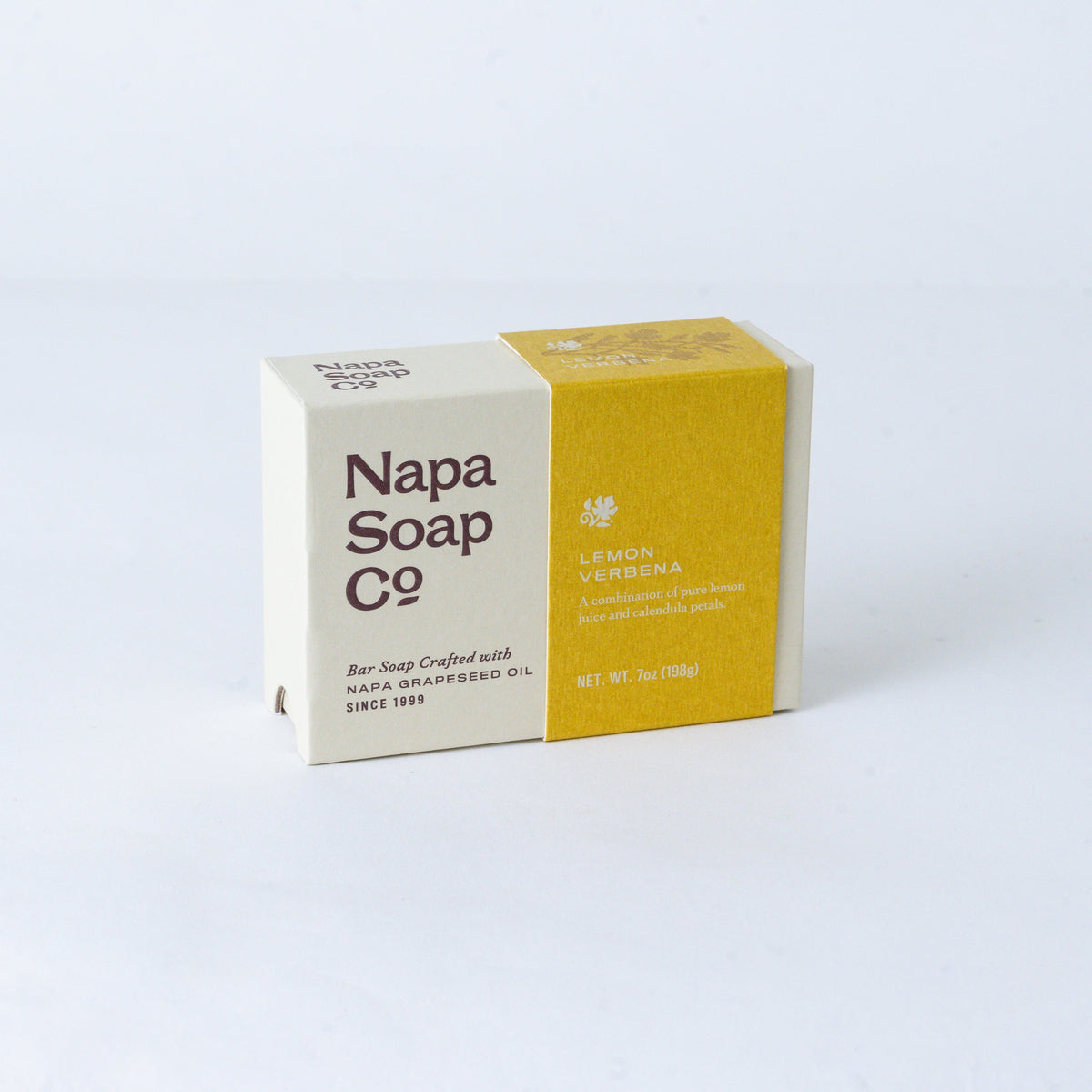 Napa Soap Co. lemon verbena soap bar and packaging on a white background