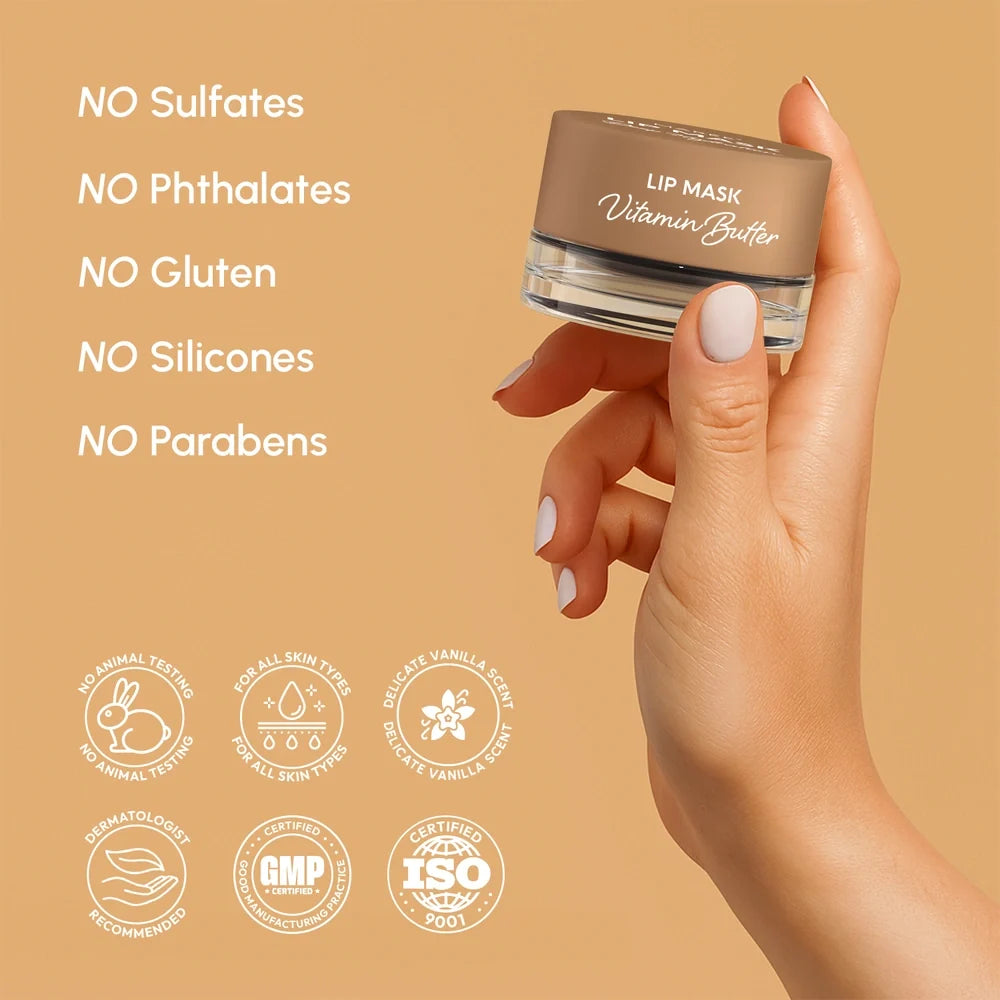 Lip mask with hand holding it on a beige background, featuring ingredient-free text and certification logos.