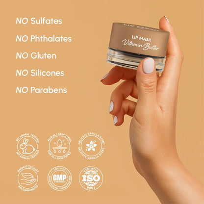 Lip mask with hand holding it on a beige background, featuring ingredient-free text and certification logos.