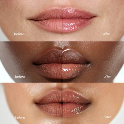 Before and after comparison of lips with a glossy finish