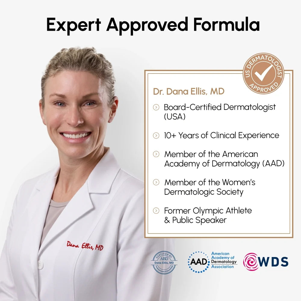 Woman in a white lab coat with dermatologist credentials displayed on a white background