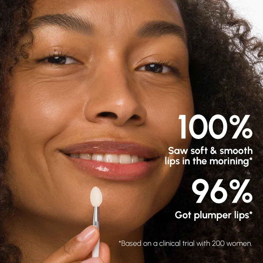 Woman applying lip product with text about lip smoothness and plumpness