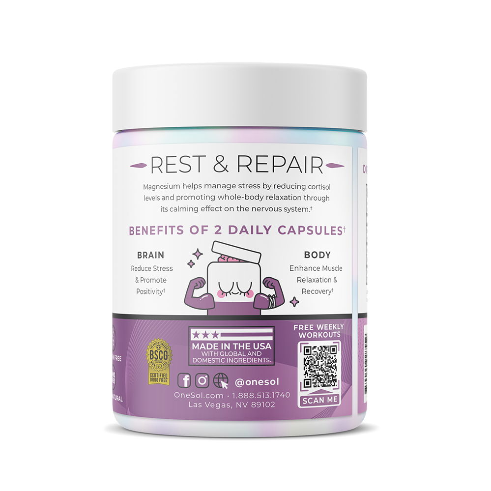 Supplement container labeled 'Rest & Repair' with benefits listed on a white background