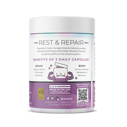 Supplement container labeled 'Rest & Repair' with benefits listed on a white background