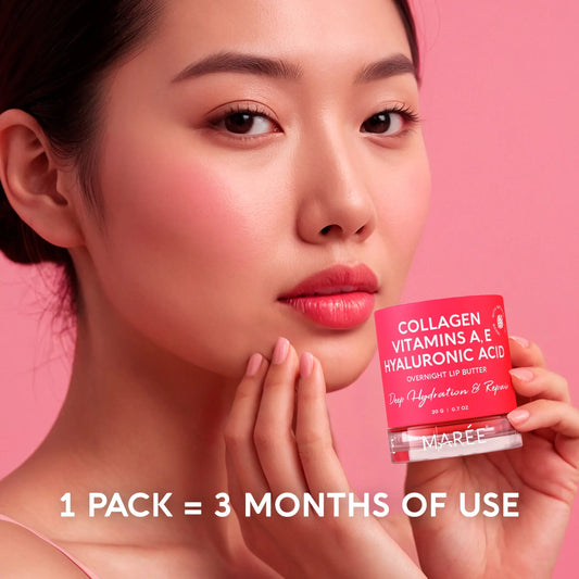 Marée lip sleeping mask pot with its applicator, shown on a pink background.