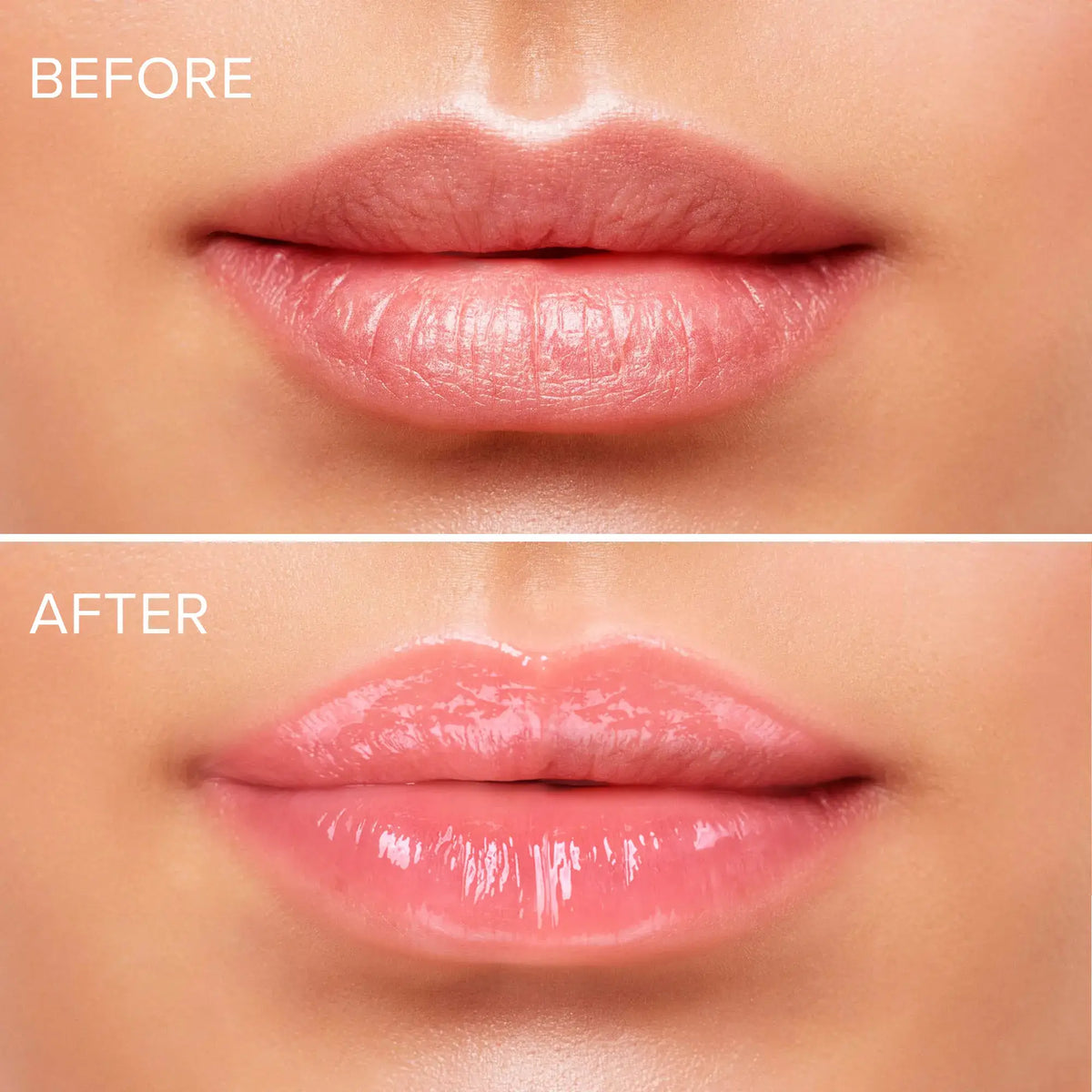 Before and after comparison of lips with a lip product application.