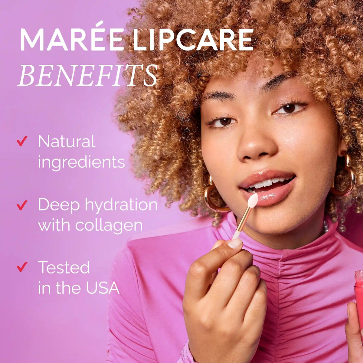Woman applying lip balm with Marée Lipcare branding and product benefits listed.