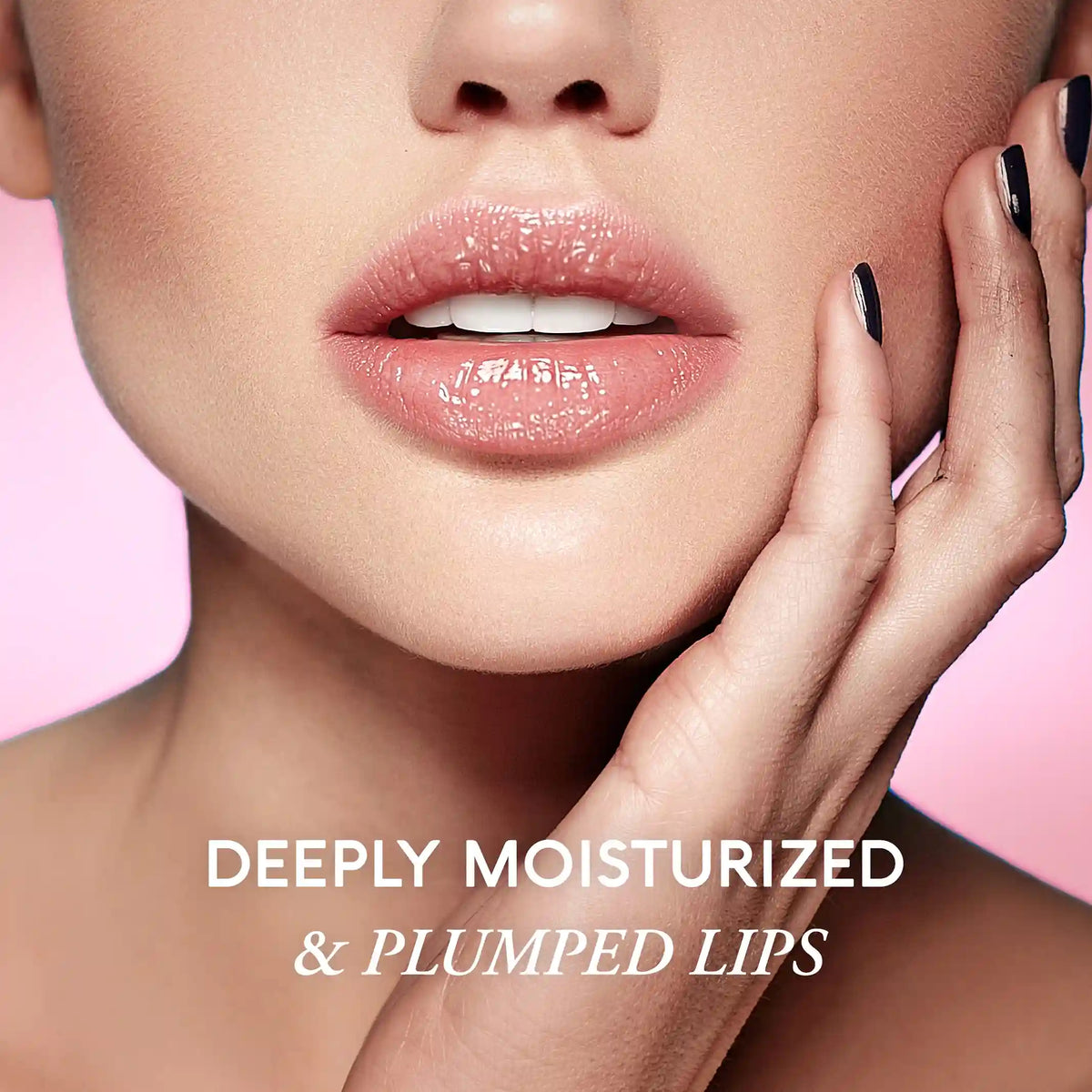 Close-up of a woman's lips with text 'DEEPLY MOISTURIZED & PLUMPED LIPS' on a pink background