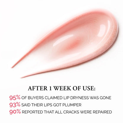 Lip balm smear with usage benefits text on a white background
