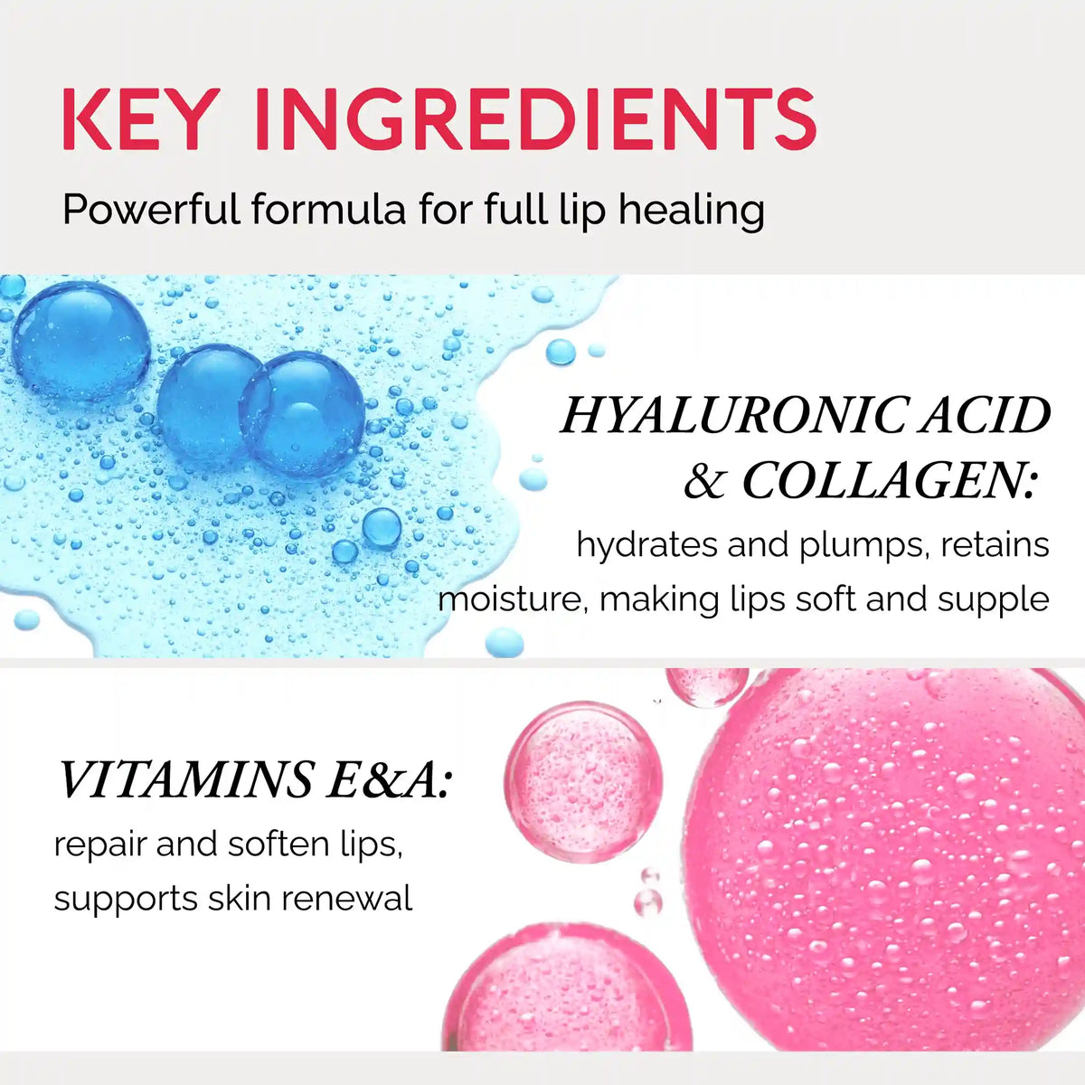 Lip balm packaging with key ingredients highlighted, including hyaluronic acid, collagen, vitamins E, and A.
