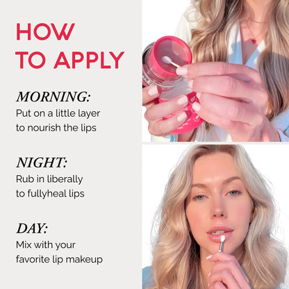 Instructions on how to apply a lip product with text and images of a woman using the product.
