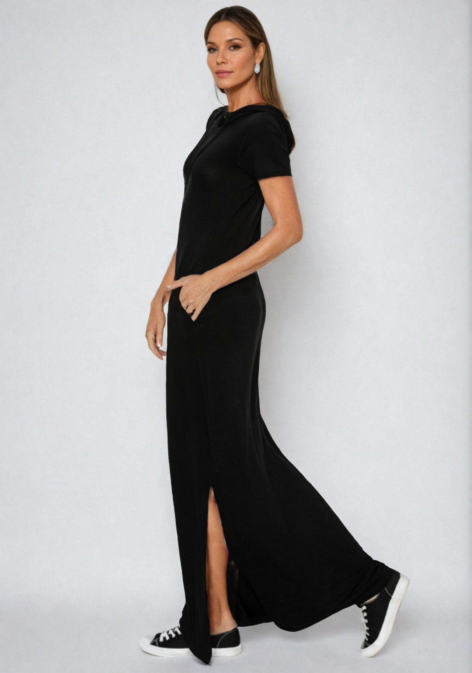 Fitkitty Culture Luxe Lounge hooded dress in viscose, front view