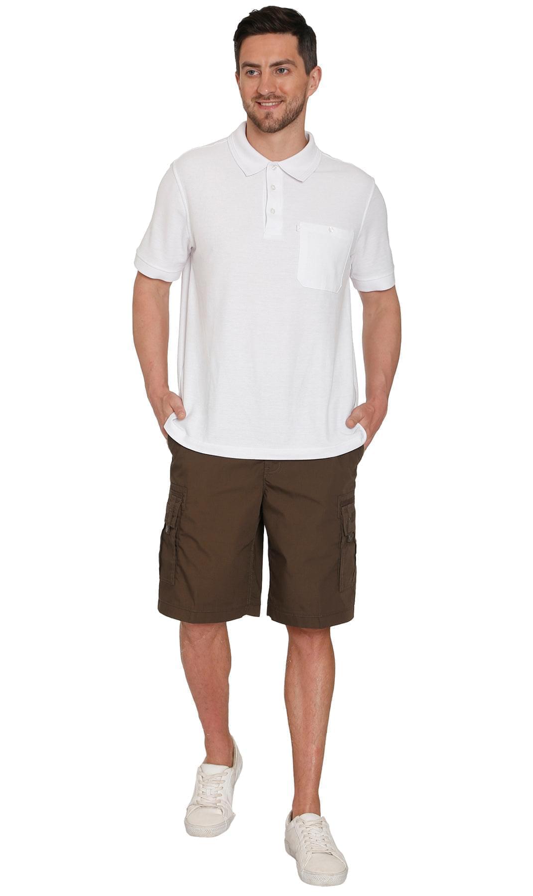 Turtle Bay men's elastic waist cargo shorts in Brown, full-length view