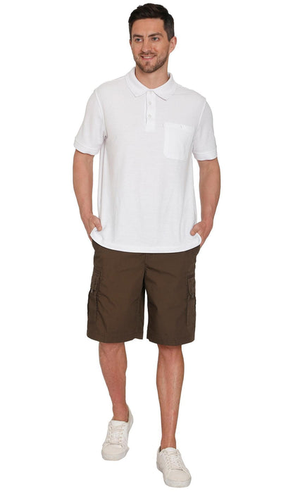 Turtle Bay men's elastic waist cargo shorts in Brown, full-length view