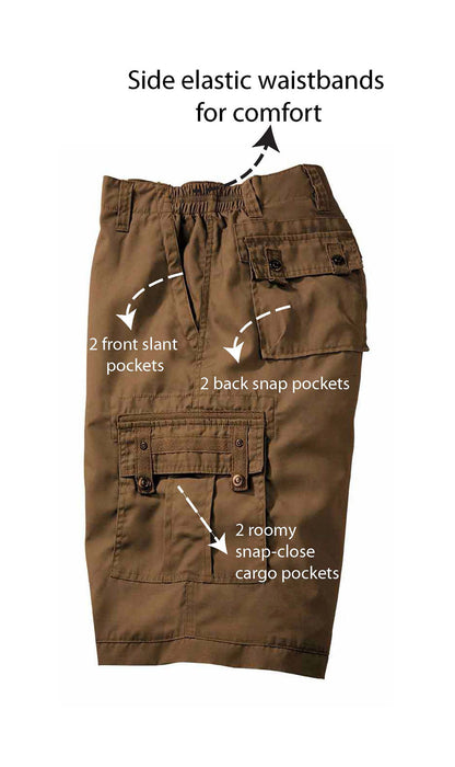 Turtle Bay men's elastic waist cargo shorts, close detail