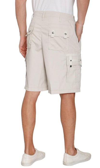 Turtle Bay men's elastic waist cargo shorts in Stone, back view
