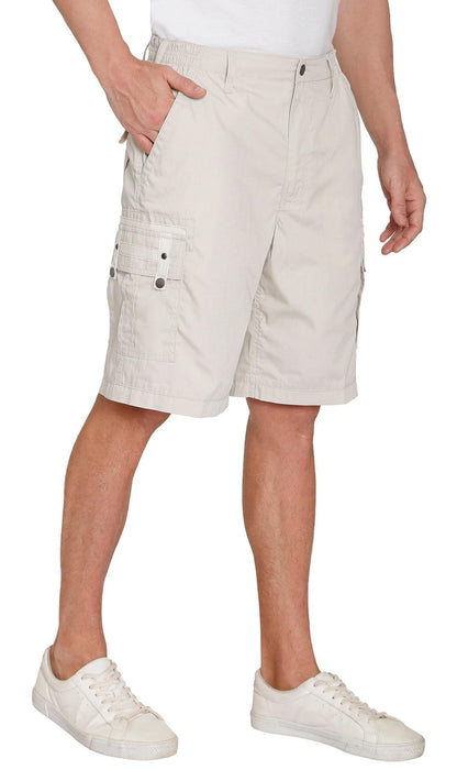 Turtle Bay men's elastic waist cargo shorts in Stone, side view
