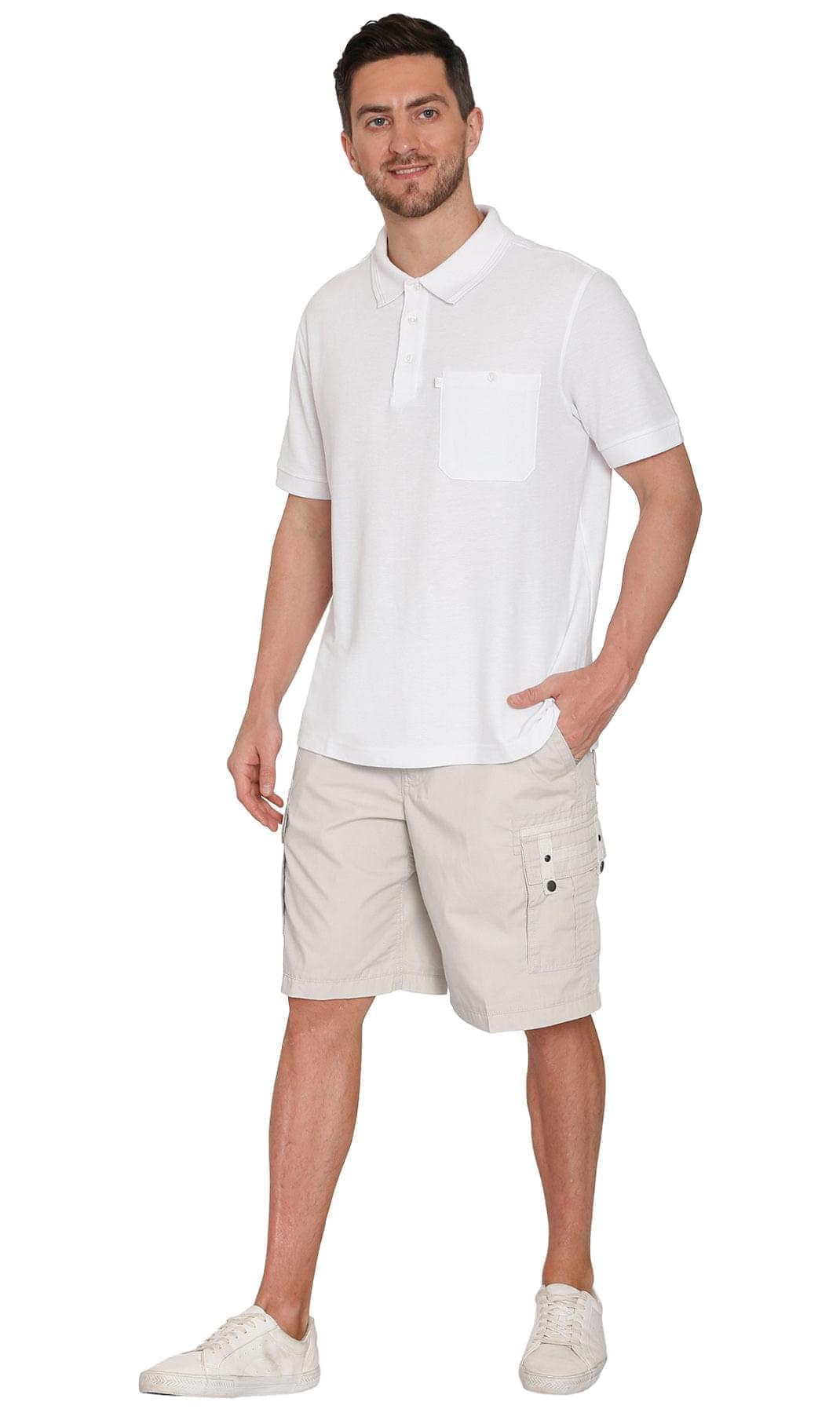 Turtle Bay men's elastic waist cargo shorts in Stone, full-length view