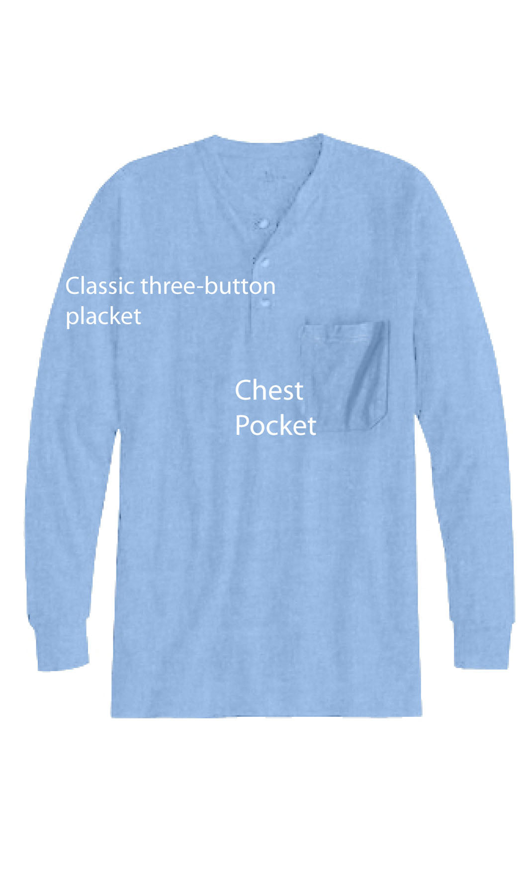 Turtle Bay men's long sleeve henley shirt in Blue Heather, product information graphic