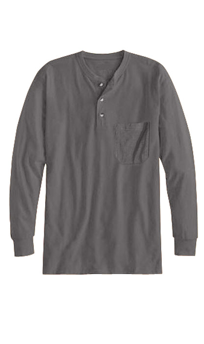 Turtle Bay men's long sleeve henley shirt in Charcoal Heather, flat-lay photo