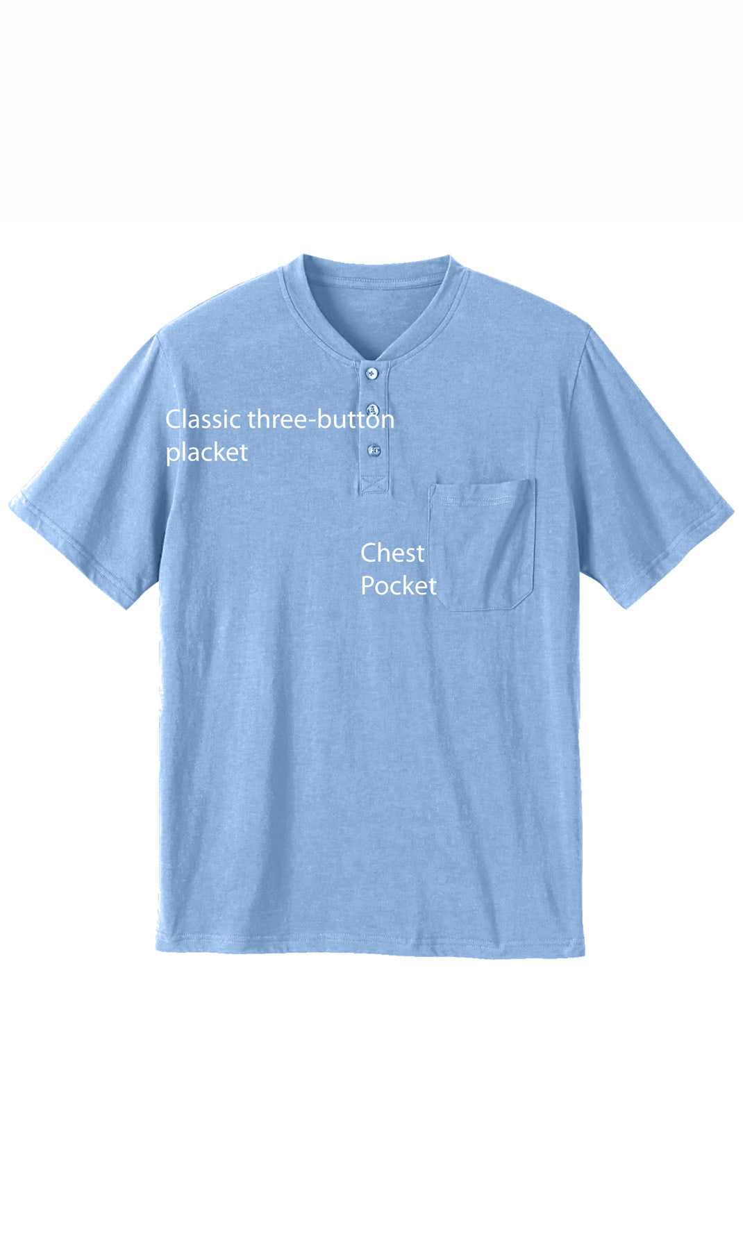 Turtle Bay men's short sleeve henley t-shirt in Blue Heather, product information graphic