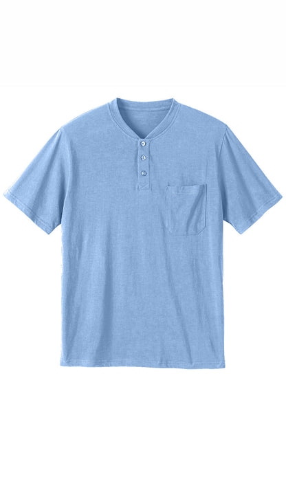 Turtle Bay men's short sleeve henley t-shirt in Blue Heather, flat-lay photo