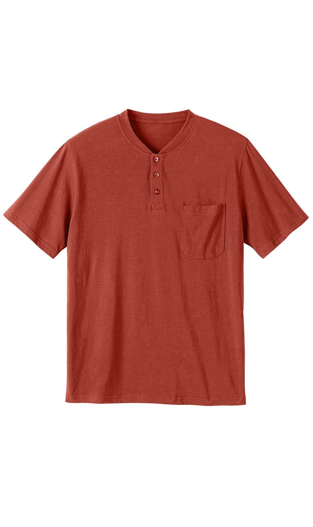 Turtle Bay men's short sleeve henley t-shirt in Redwood, flat-lay photo