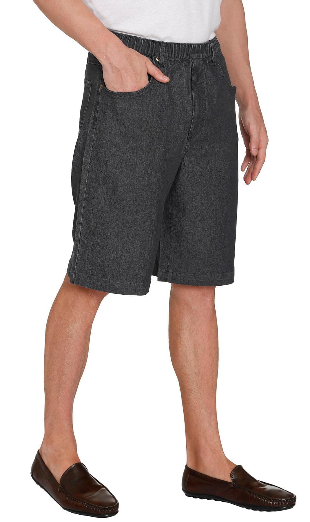 Turtle Bay men's pull-on stretch denim and twill shorts in Denim Black, side view