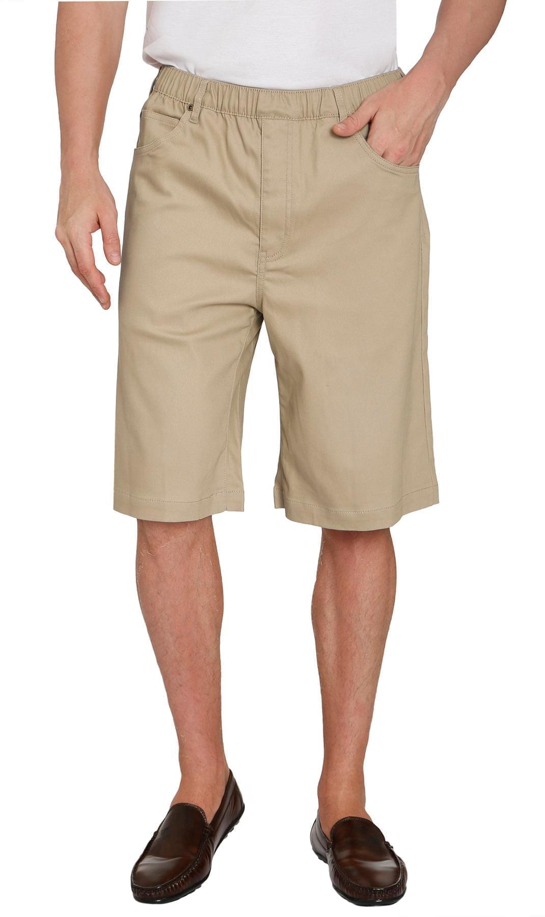 Turtle Bay men's pull-on stretch denim and twill shorts in Twill Khaki, front view