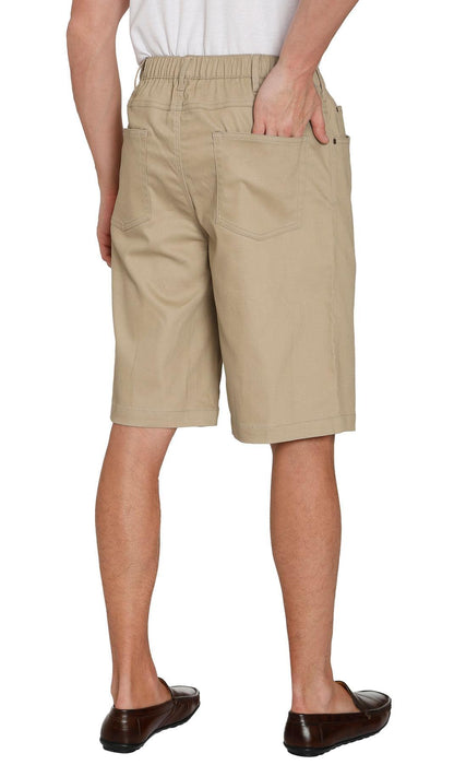 Turtle Bay men's pull-on stretch denim and twill shorts in Twill Khaki, back view