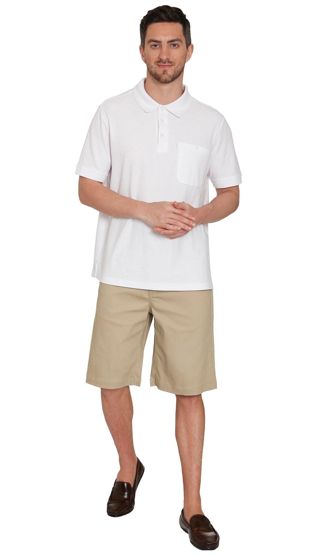 Turtle Bay men's pull-on stretch denim and twill shorts in Twill Khaki, full-length view