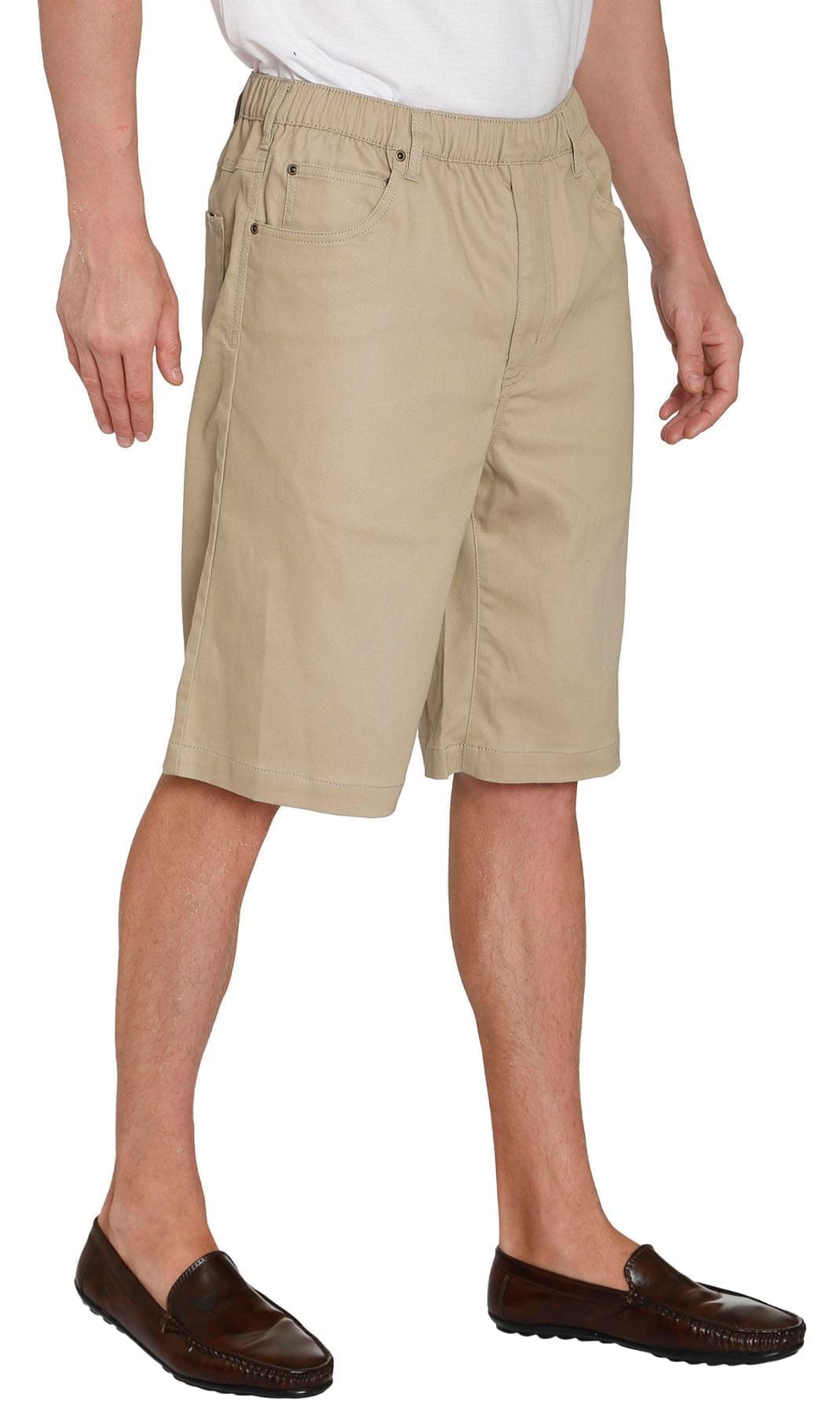Turtle Bay men's pull-on stretch denim and twill shorts in Twill Khaki, side view
