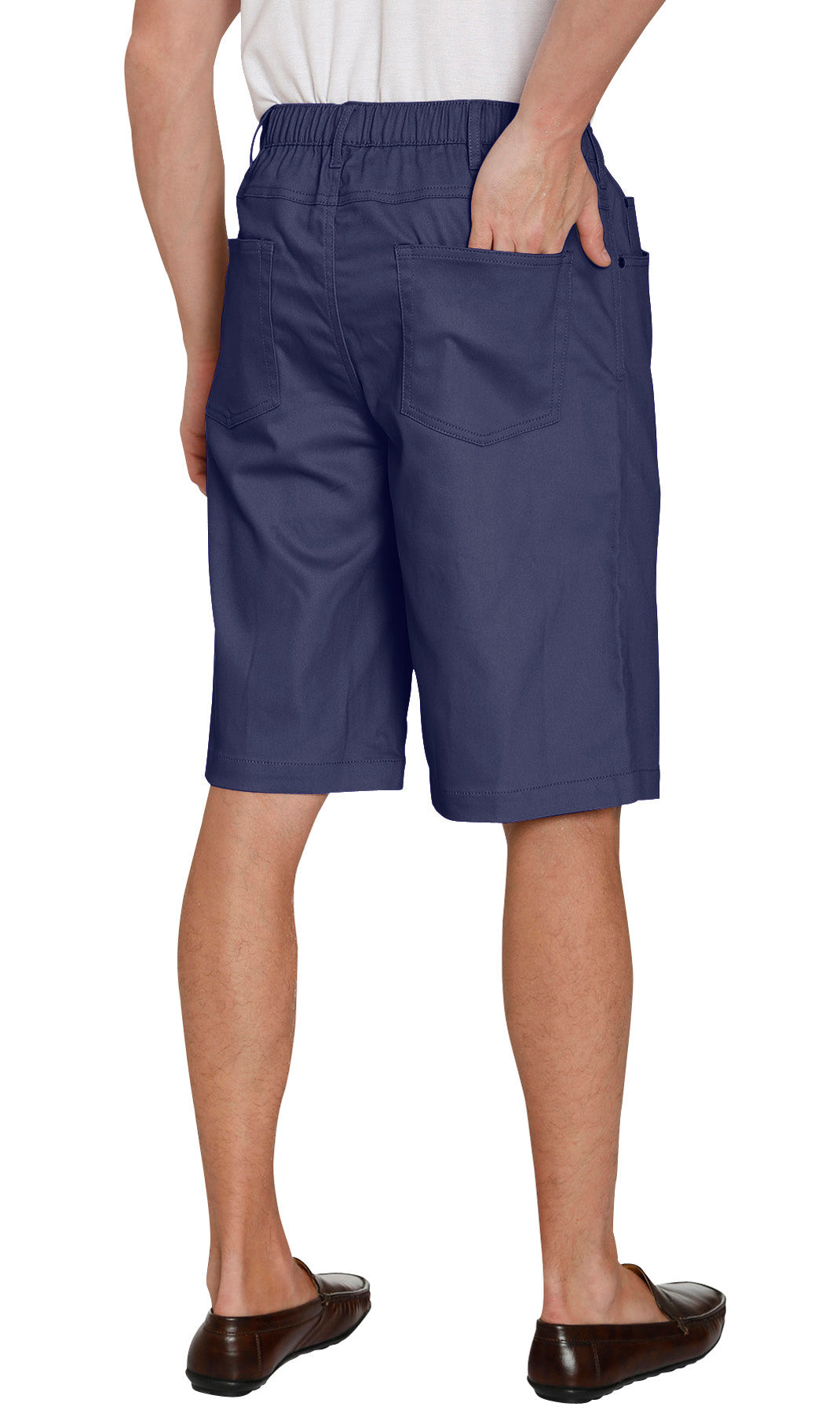 Turtle Bay men's pull-on stretch denim and twill shorts in Twill Navy, back view
